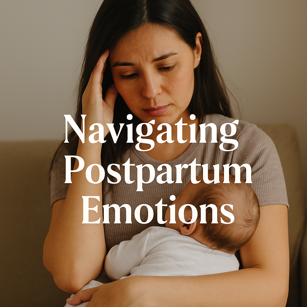 A Mother Cradling her Newborn, Looking Thoughtful, or Emotional, While trying to Navigate Postpartum Emotions.