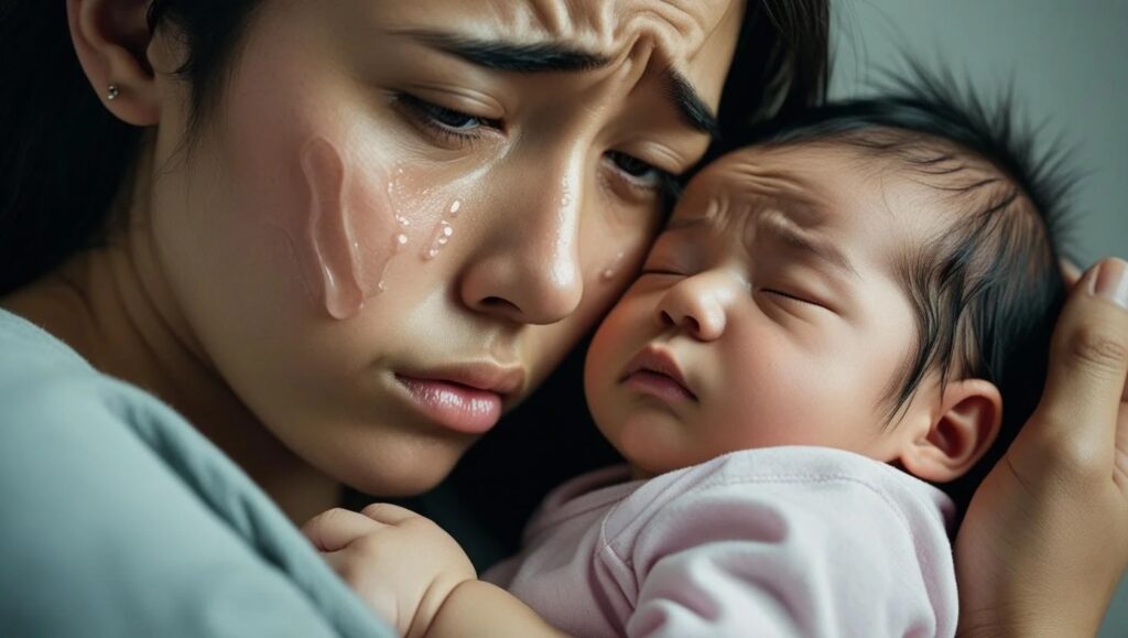 Photo of a new mother showing emotional distress-representing postpartum anxiety vs baby blues