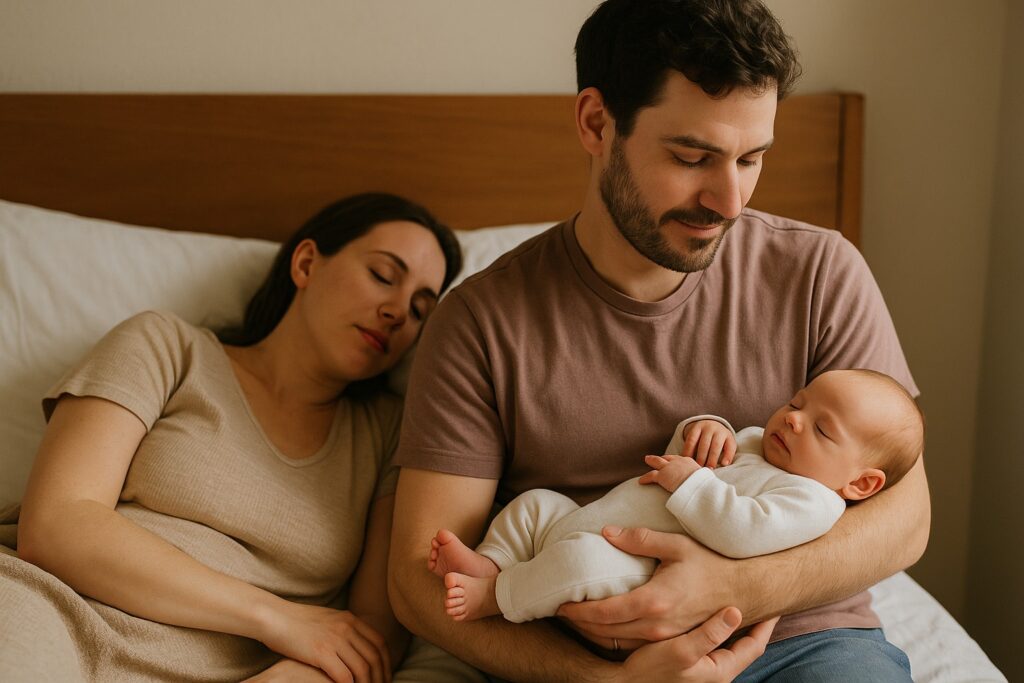 Partner support a mother after birth with postpartum care.