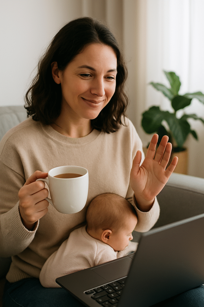 Mother holding baby while on a laptop call for postpartum coaching and emotional wellness support with Her Second Birth services.